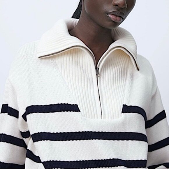 New Zara Striped Half-Zip Cotton Sweater Size M - Picture 3 of 12